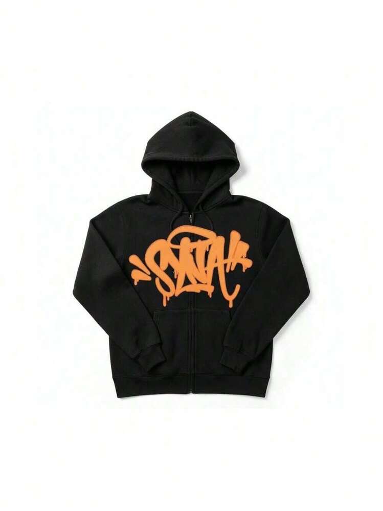 Black Zip-Up Hoodie With Streetwear Print, Unisex - Black and Orange - View 5