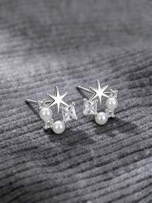 1 Đôi bông tai hình ngôi sao bằng bạc Sterling S925 đính ngọc trai và đá Zirconia, bề mặt kim loại được đánh bóng như gương, thiết kế tối giản hình ngôi sao, phụ kiện thanh lịch cho trang phục hàng ngày. - Ngôi sao - Xem 4