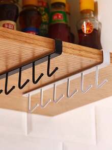 6-Hook Storage Rack - Kitchen Organizer Rack - Cup Holder, Multi-Function Under Cabinet Shelf (Black/White) - Multicolor - View 2