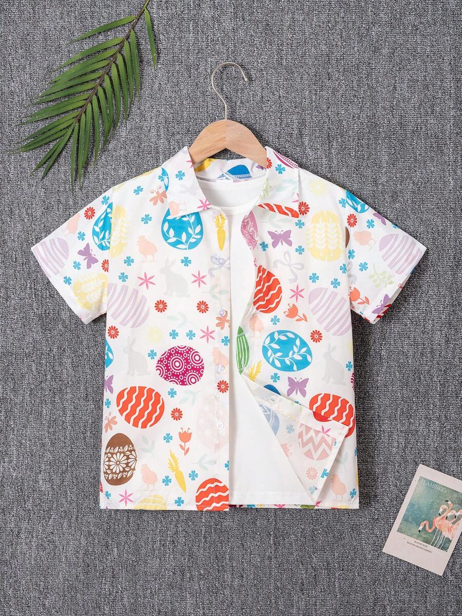 男童复活节可爱彩蛋印花短袖衬衫，休闲舒适，活泼可爱，适合派对、户外活动、日常穿着、节日和假期穿着。 - 彩色 - 查看 1