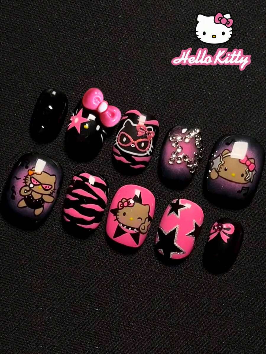 SANRIO 24片短椭圆形3D豹纹法式美甲贴片，饰有可爱蝴蝶结、水钻和星星装饰，闪亮设计，完美贴合亚克力假指甲套装，包含1支果冻胶和1个指甲锉，适合女孩日常派对和聚会使用。 - 彩色 - 查看 1