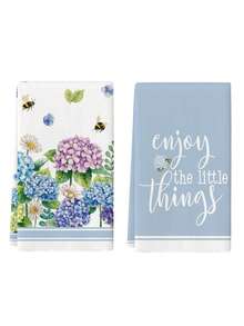 2条水彩蓝色波西米亚几何柠檬绿桉树叶薰衣草图案春夏农舍风厨房毛巾/洗碗布/节日派对用品/浴室手巾，适用于厨房、餐厅和餐桌 - 霧霾藍 - 查看 6