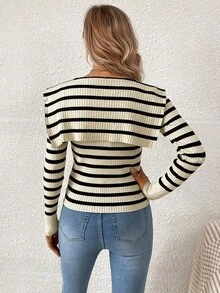 Women's Vintage Striped Long Sleeve Slim Fit Colorblock Front Button Slimming Sweater, Autumn - Apricot - View 3