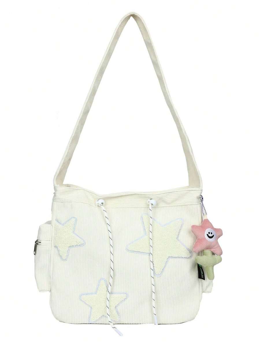 1pc Contrast Color Corduroy Star Decor One Shoulder Bag, Fashion Casual Large Capacity Corduroy Crossbody Bag With Anti-Theft Zipper, Student School Backpack, Holiday Gift