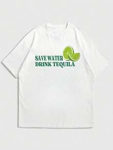 男士简约条形码元素印花短袖T恤，舒适透气，夏季穿着 - 白色 - 查看 3