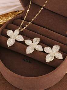 3pcs/Set Luxurious Leaf Cubic Zirconia Necklace & Earrings Jewelry Set For Women - Leaf - View 2