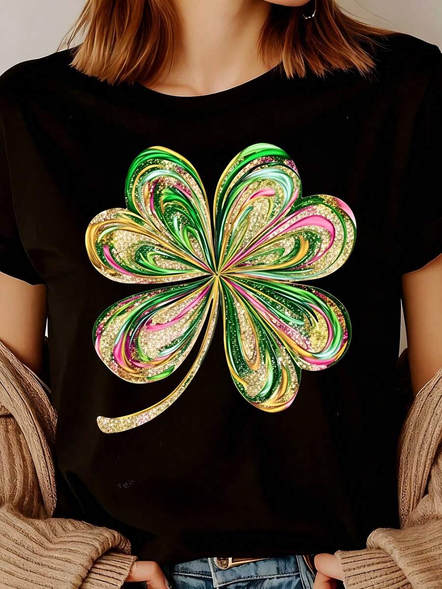 White T Shirt With Colorful Shamrock Print For St Patrick's Day Celebration - 黑色 - 查看 1
