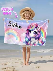 1pc Personalized Kids Beach Towel, Summer Birthday Gift, Full Of Summer Vibe, Suitable For Girls Beach Trip, Customized Beach Towel, Swimming Pool, Beach Decor - Multicolor - View 1