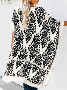 Plus Size Floral Print Loose Casual Kimono Vacation Beach Black Summer - Black - View 5