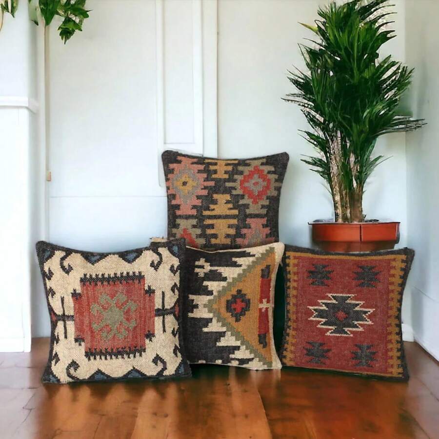 Vintage Kilim Pillow Cover Set Of 4, Turkish Wool Jute Cushion, Rustic Boho Throw Pillows, Handwoven Home Decor, Unique Turkish Kilim Style - White - View 1