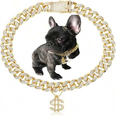 Classic Cuban Link Pet Necklace, Fashionable Luxury Pet Collar, Small Dollar Pendant Bling Design, Adjustable Neck Size, Suitable For All Pets