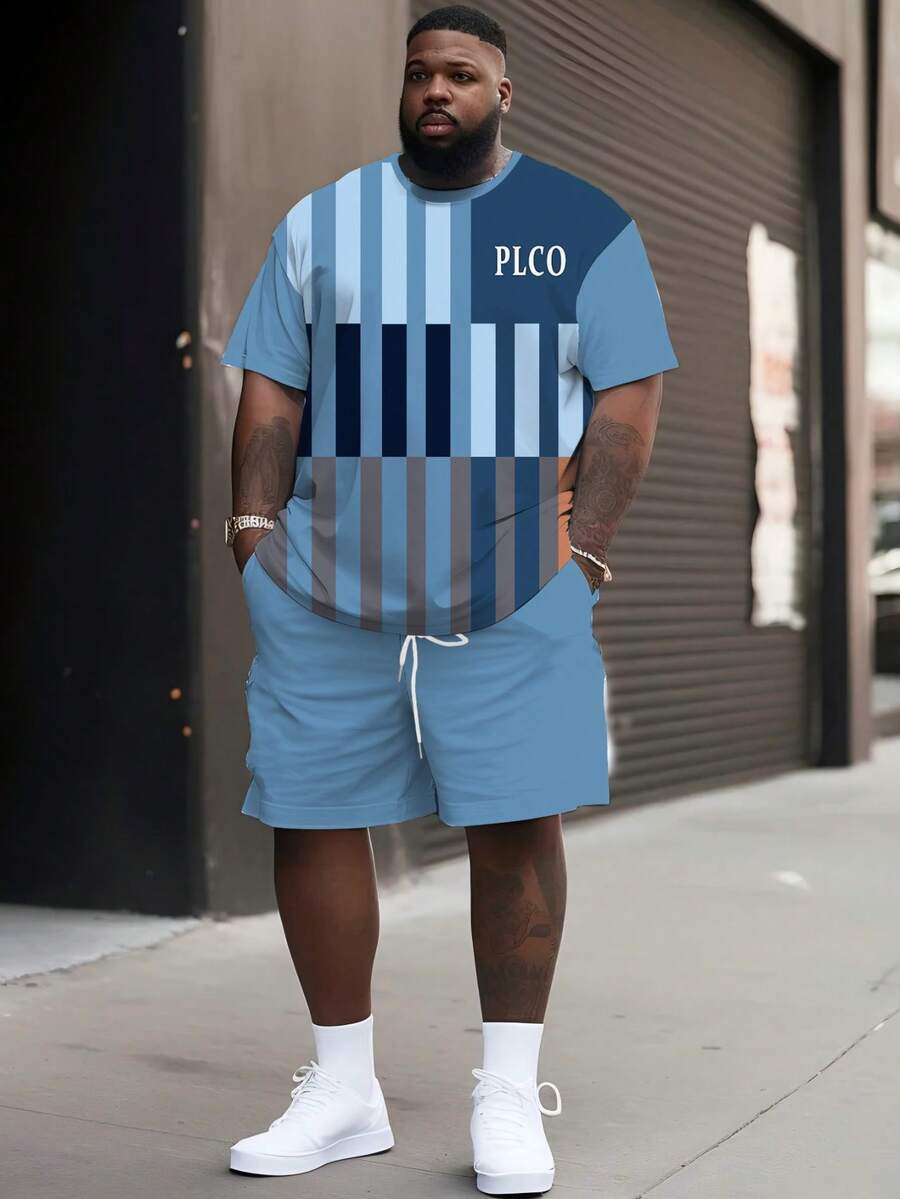 Men's Street Casual Minimalist Series "Geometric Square & PLCO Letter" Pattern Design Sportswear Set - Polyester Knit Fabric, Round Neck Design, Drawstring Shorts, Pocket Details, Regular Fit, Suitable For Plus Size - Multicolor - View 1