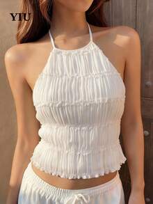 Áo hai dây dáng suông thanh lịch, lãng mạn, hở lưng, xếp ly, chất liệu vải dệt của YIU dành cho nữ, thích hợp cho kỳ nghỉ hè, ngày Valentine. - Kem - Xem 1
