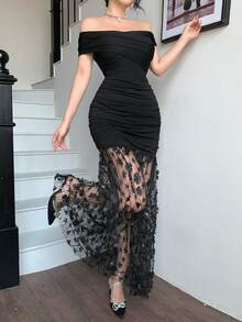 abyoxi 女士黑色露肩露背裹身褶皱腰连衣裙，3D立体花卉贴花网纱拼接，修身长裙，性感优雅，时尚迷人，浪漫约会、派对、正式场合皆宜，春夏修身长裙 - 黑色 - 查看 4