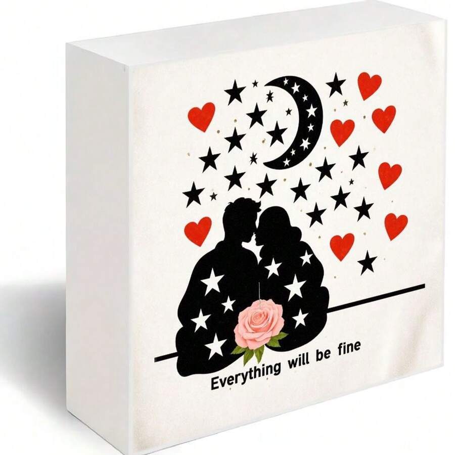 Decorative Wooden Box With Couple Silhouette, Stars, Crescent Moon, Rose & 'Everything Will Be Fine' Inscription - Perfect Romantic Gift For Lovers, Anniversary, Home Decor Accent - White - View 1