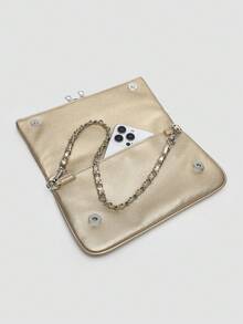 1pc Women's Chain Shoulder Bag, Crossbody Bag, Litchi Grain Underarm Bag With Chain, Minimalist Fashion Small Square Bag, Shoulder & Crossbody Bag With Detachable Strap - 金色 - 查看 5