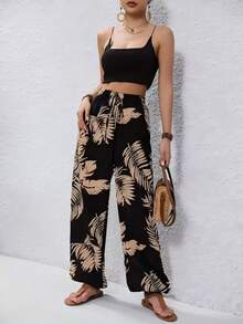 Pantalones con estampado botánico y cintura ajustable para tallas grandes, mono con cremallera y estampado de hojas todo sobre - Negro - Ver 3