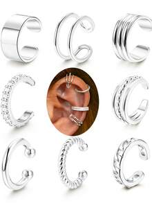 9件套简约优雅金属几何水晶耳夹耳环套装，适合姐妹、情侣、度假、约会、日常、派对、婚礼、圣诞节、情人节等场合佩戴。 - 銀色 - 查看 14