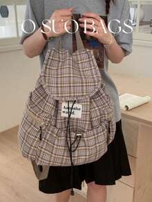 1pc Fashionable Plaid Multi-Pocket Nylon Casual Backpack, Waterproof Lightweight Foldable Drawstring Patch Letter Travel Bag - Multicolor - View 6