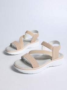Women's Fashion Round Toe Open Toe Summer Oversized Striped Hollow Comfortable Slip-On Hook And Loop Sports Sandals - Beige - View 10
