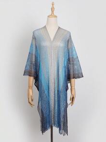 长款闪亮金色网纱沙滩围巾，多功能轻薄比基尼罩衫，时尚渐变流苏披肩，度假必备 - 彩色 - 查看 6