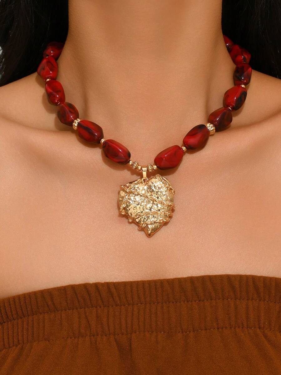 1pc Elegant Fashion Personalized Resin 3D Heart Pendant, French Oil Drop Asymmetrical Floral Beaded Necklace - Multicolor - View 1