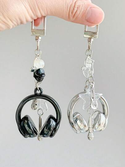 1pc Music Earphone Keychain, Creative Mini Microphone Guitar Note Keychain, Unique Phone Strap, Car Keychain, Music Festival Music Couples, Couple Gift, Car Hanging Decor, Backpack Hanging Decor, Handbag Decoration, Suitable For Back To School Gift