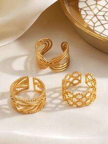 3pcs/Set Stainless Steel 18K Gold Plated Fashionable Geometric Line Design Rings Set, Suitable For Women's Daily Wear