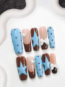 10pcs/Set Retro Sweet Style Gel Nail Stickers, Acrylic Press-On Nails, White 3D Star, Bow Nail Decor, Chocolate Polka Dot Pattern, Hand-Painted Blue Star Nail Art, Brown & Blue Nail Polish, Great Gift For Women & Girls, Nail Tools Included Nail Supplies Handmade Press On Nails - 彩色 - 查看 14