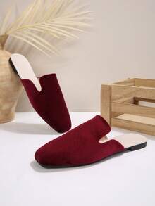 Women's Fashion Square Toe Suede Slip-On Mules, Backless Flat Slouchy Slippers For Spring/Summer - Burgundy - View 7
