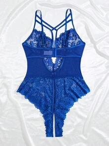 大码女式撞色蕾丝镂空性感吊带背心 - 藍色 - 查看 2