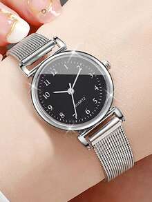 4pcs Women's Elegant Quartz Watch Set (Including Silver Mesh Band Black Dial Quartz Watch, Full Diamond Silver Bracelet, Single Diamond Necklace, Single Diamond Ring And Earrings) - Silver - View 2