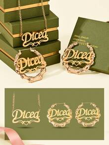 [Valentine's Day Exclusive] Customized Set, Customized Text Earrings (7cm) + Double-Layer Necklace, "Love Is Stronger Than Gold", Valentine's Day Gift, Gold Stainless Steel Jewelry, Customized Gift, Gift Box Packaging, Carefully Selected Gift. - Selected Items - View 2