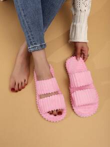 女士条纹优雅布艺拖鞋，时尚家居服，四季皆宜 - 粉色 - 查看 3