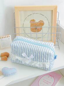 Carino borsa cosmetici imbottita in schiuma con motivo a griglia e a strisce, borse per il trucco con decorazioni in pizzo e fiocco, borsa per cosmetici con motivo a cartoni animati, borsa per cosmetici di grande capacità con cerniera, borsa per cosmetici a forma di cuore, borsa da toilette portatile, borsa da toilette a quadri - Multicolore - Visualizzare 10