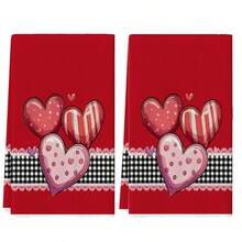 2 Stücke Herz Polka Punkt & gestreifte Spitzenborte Geschirrtuch Set, weich & hochabsorbierend, Geschirrtücher zum Kochen/Backen, Einweihungsgeschenk für Freunde, Küchendekoration, Haushaltsgegenstände - Rot - Übersicht 8