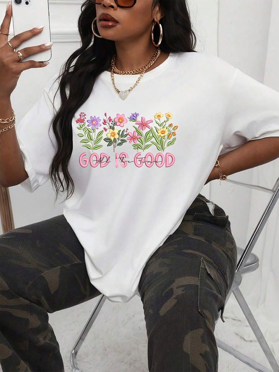 God Is Good Floral Graphic Oversized Top For Women Casual Everyday Wear Faith Inspired Statement Shirt, 220g - 白色 - 查看 1