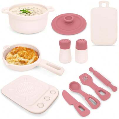 TYRY.HU Kitchen Accessories, 11Pcs  Silicone Pretend Food Sets, Kitchen Set,Kitchen Cooking Utensils Pots & Pans, Pretend Role Cooking Toys Gifts Toddlers 1-3,Pink,Birthday,Party Gifts