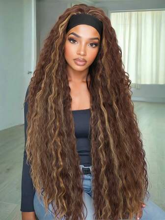 86 cm lång lockig peruk, lämplig för, brun ombre, vågig lockig syntetisk peruk, limfri värmebeständig lång peruk, lämplig för vardagsbruk och fester
