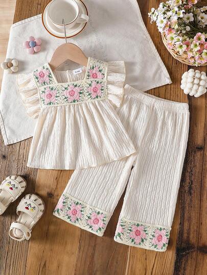 Baby Girls' Bohemian Vacation Casual Colorful Floral Trim Contrast Texture Crew Neck Ruffle Blouse And Floral Trim Pants Set, Suitable For Vacation & Daily Wear