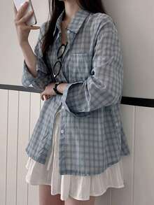 女士宽松休闲百搭长袖格子 Polo 衫 - 藍色 - 查看 7