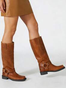 Women's Knee High Boots Slip On Riding Boots, Buckle Boots For Women, Sexy Squared Toe Low Chunky Heel Tall Motorcycle Boots Dance Party Booties - 棕色 - 查看 7