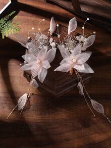 2pcs Chiffon Elegant Bright Red Flower Hair Accessories, Prop For Photo Studio, Hanfu Hair Clip - Snow Bud - View 4