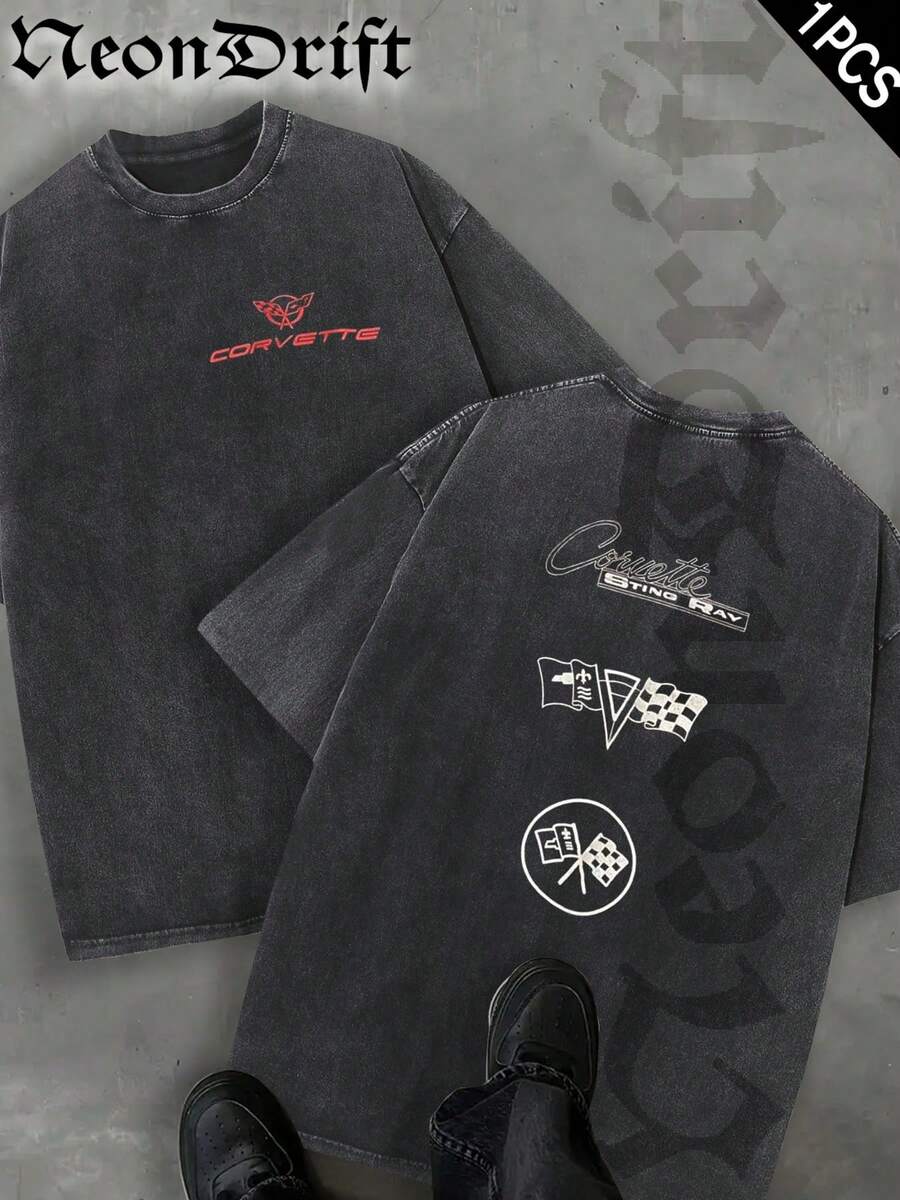 NeonDrift  Double-Sided Printing Men's T-Shirt Men's Washed T-Shirt100% Cotton Washed & Vintage Fabric Soft & Skin-Friendly Unisex Style Gifts For Spring Festival, Valentine's Day, St. Patrick's Day & World Cup-Camisetas Para Hombre Mens Clothes Christian  Men's Corvette Sting Ray T-Shirt With Racing Flag Print Vintage Style Automotive Design For Car Enthusiasts Streetwear Fashion Casual Wear Classic Look Auto Culture Gift Idea - màu đen - Xem 1