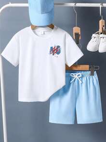 2pcs/Set Boys' Casual Slogan & Graphic Print Short Sleeve T-Shirt And Shorts Set - White - View 2