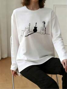 Women's Casual Loose Fit Round Neck Cat Print Long Sleeve T-Shirt, Versatile For Spring And Autumn