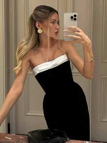 Women's Elegant Black White Contrast Tube Midi Dress, Bow Detail Strapless Bodycon Party Dress Wedding Spring - Black - View 12