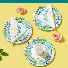 Set di piatti, tovaglioli, bicchieri usa e getta con foglie verdi su sfondo bianco per 25 invitati, adatto per compleanni, matrimoni, feste a tema, picnic in famiglia - Multicolore - Visualizzare 5