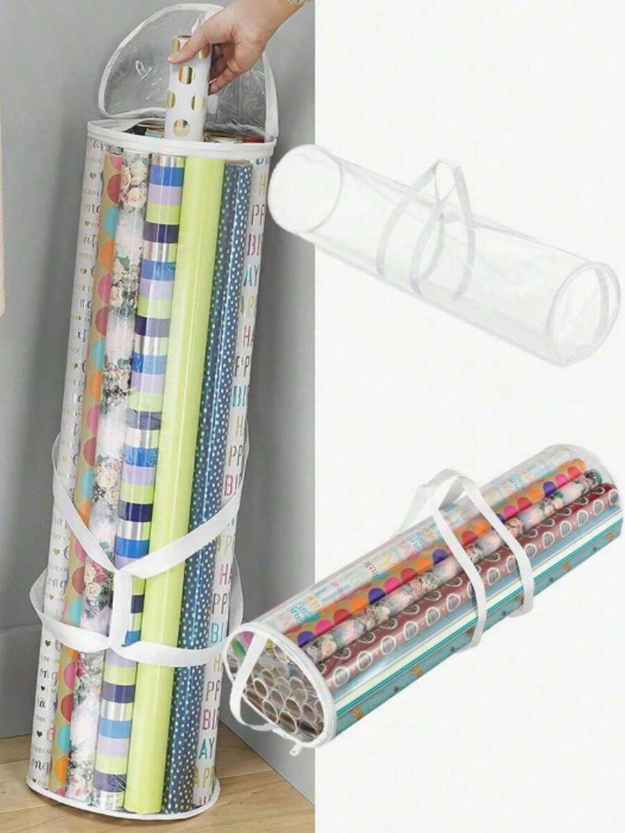 Bolsa de almacenamiento transparente para papel de regalo, material de PVC con asa blanca, caja de almacenamiento cilíndrica conveniente. Bolsa de almacenamiento de papel de regalo de Navidad, bolsa de almacenamiento de tubo de papel de fiesta, bolsa de regalo con cremallera, bolsa de almacenamiento de regalo transparente impermeable y a prueba de polvo, bolsa de almacenamiento de papel de regalo de Navidad, decoraciones navideñas, bolsa de regalo de fiesta individual - Negro - Ver 1