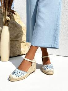 Sandales espadrilles pour femmes, espadrilles avec bride de cheville, sandales plates pour femmes, semelle en esparto - Bleu azur - Voir 2